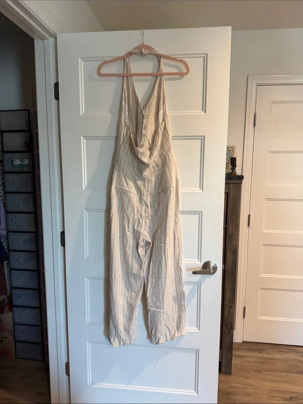 Zara Linen Blend Halter Wide Leg Jumpsuit Open Back Beige Stripe Size M